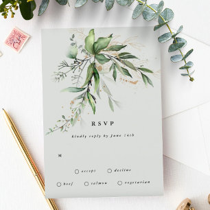 Cartão RSVP Casamento Dourado de Vidro Verde Eucalyptus Wreath