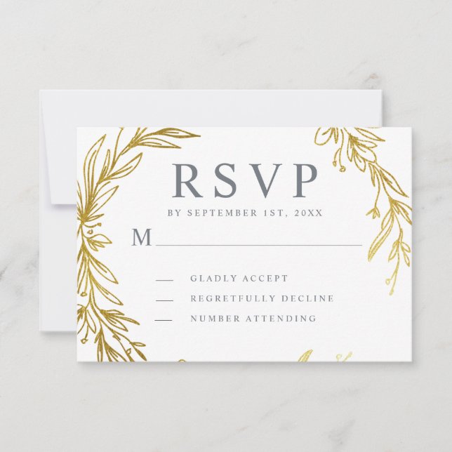 Cartão RSVP Casamento Dourado de Wreath desenhado à mão (Frente)