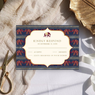 Cartão RSVP Casamento Dourado do Elefante Azul-Burgundy
