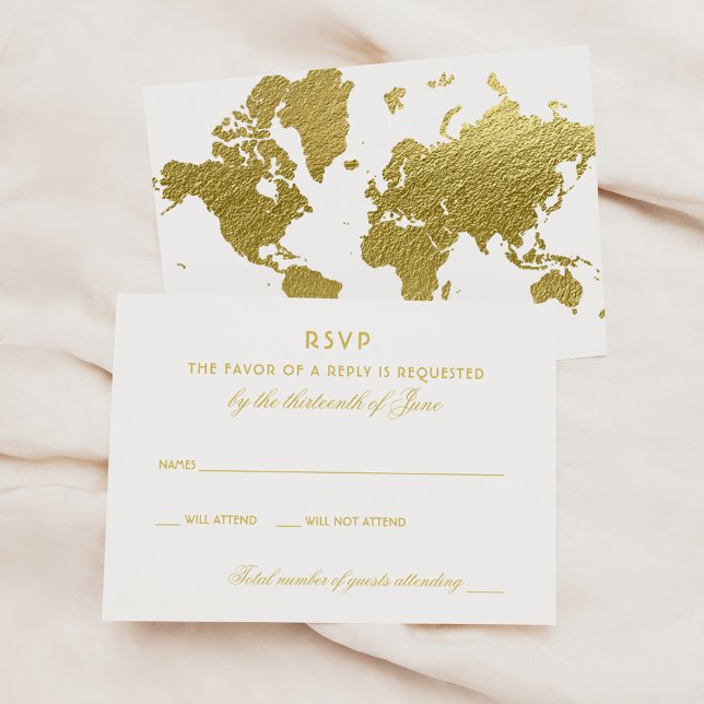 Cartão RSVP Casamento Dourado do Mapa Mundial Elegante (Criador carregado)