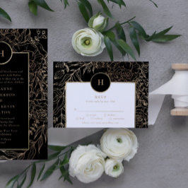 Cartão RSVP Casamento Dourado do Monograma de Elegante Negro