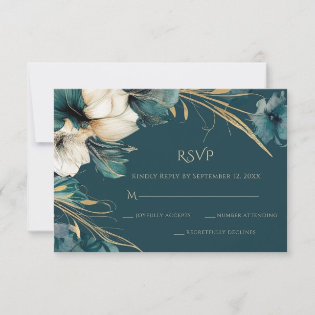 Cartão RSVP Casamento Dourado do Teal Floral Elegante Greenery (Frente)