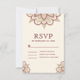 Cartão RSVP Casamento Dourado e Burgundy Henna Mehndi