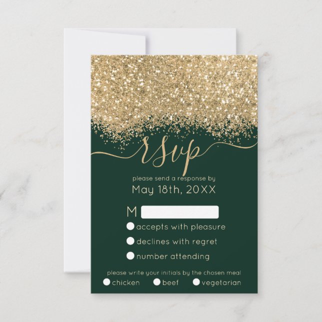 Cartão RSVP Casamento Dourado e  de Lúpulo Verde com Confetti (Frente)