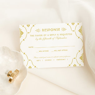 Cartão RSVP Casamento Dourado e elegante de arte de vinheta