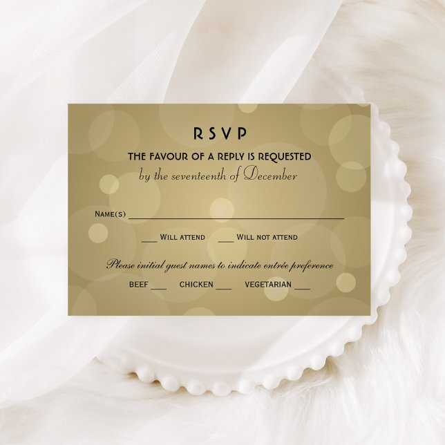 Cartão RSVP Casamento Dourado e Negro do Champanhe Elegante (Criador carregado)