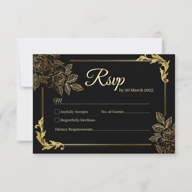 Cartão RSVP Casamento Dourado e negro legante (Frente)