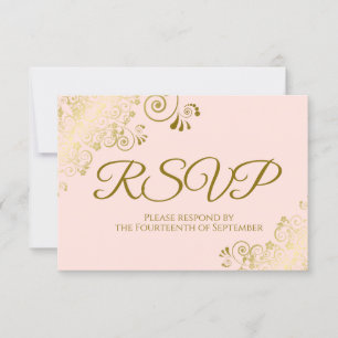 Cartão RSVP Casamento Dourado e Rosa Esbranquiçado