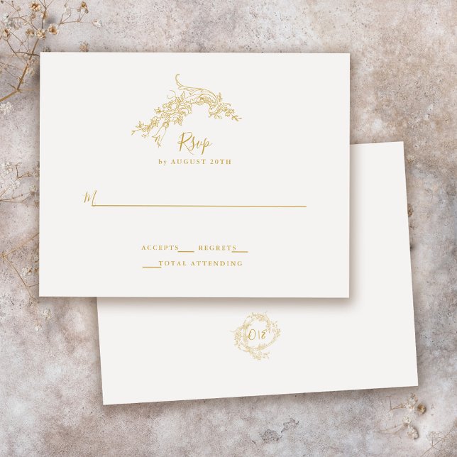 Cartão RSVP Casamento Dourado Elegante Barroco Chinoiserie Vin (Criador carregado)
