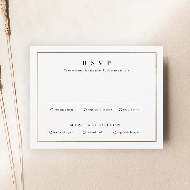 Cartão RSVP Casamento Dourado Elegante Clássico (Simple black and white wedding invitation RSVP enclosure card.)