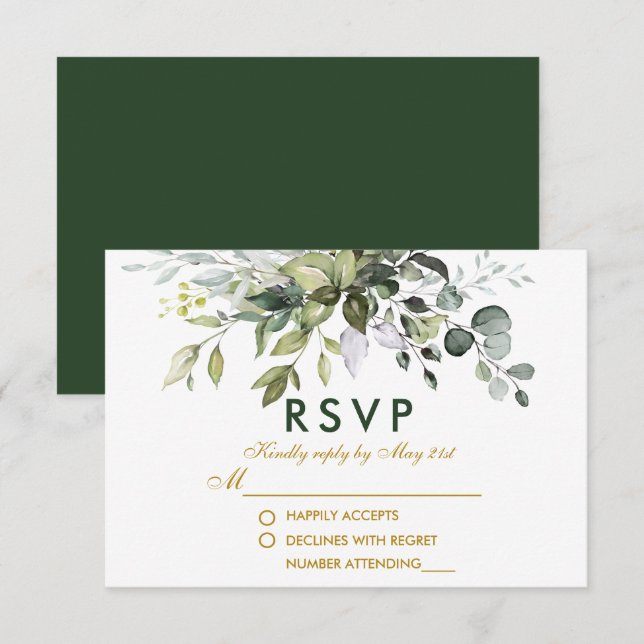 Cartão RSVP Casamento Dourado Elegante Watercolor (Frente/Verso)