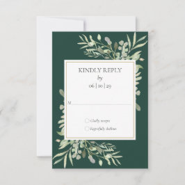 Cartão RSVP Casamento Dourado Emerald Green Watercolor
