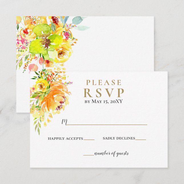 Cartão RSVP Casamento Dourado Floral Amarelo-Amarelo (Frente/Verso)