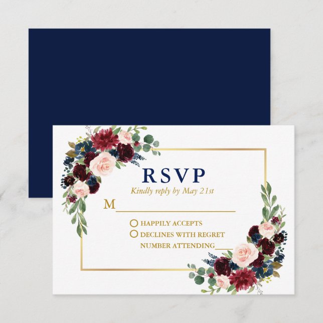 Cartão RSVP Casamento Dourado Floral Azul-Borgonha Moderna Ele (Frente/Verso)
