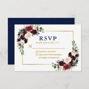 Cartão RSVP Casamento Dourado Floral Azul-Borgonha Moderna Ele