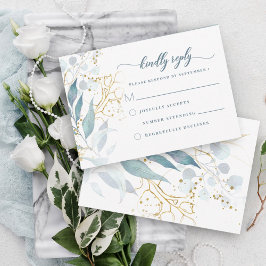Cartão RSVP Casamento Dourado Floral Azul e Dusty, com Aquarel