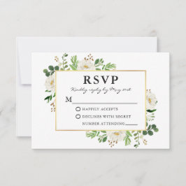 Cartão RSVP Casamento Dourado Floral Branco Verde