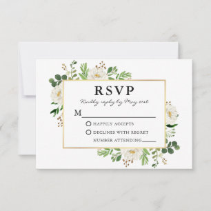 Cartão RSVP Casamento Dourado Floral Branco Verde
