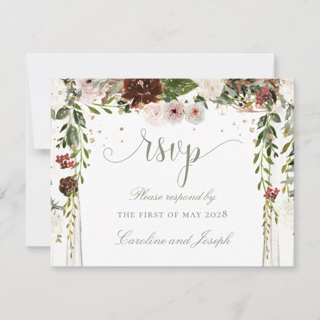 Cartão RSVP Casamento Dourado Floral Chuppah (Frente)