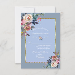 Cartão RSVP Casamento Dourado Floral Cor-de-Rosa Azul Elegante