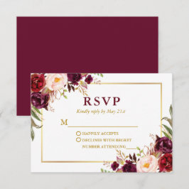 Cartão RSVP Casamento Dourado Floral da Moderna Elegante Burgu
