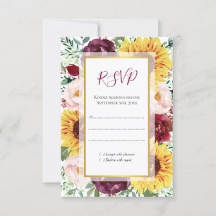 Cartão RSVP Casamento Dourado Floral de Girassol