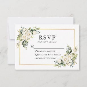 Cartão RSVP Casamento Dourado Floral de Ivory White