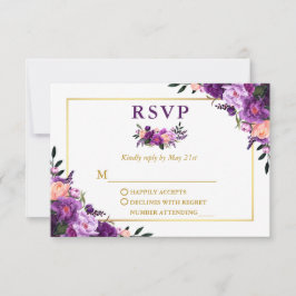 Cartão RSVP Casamento Dourado Floral de Púrpura de Aquarela El