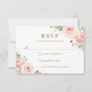Cartão RSVP Casamento Dourado Floral de Rosas Rosa-Blush Chic