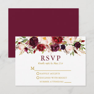 Cartão RSVP Casamento Dourado Floral de Watercolor Burgundy