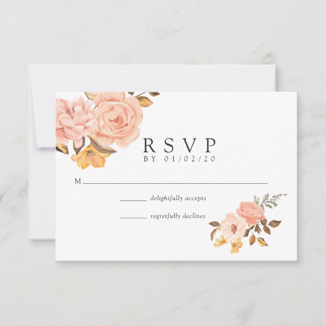 Cartão RSVP Casamento Dourado Floral e Rosa-Blush de Cana-d'Ág (Frente)