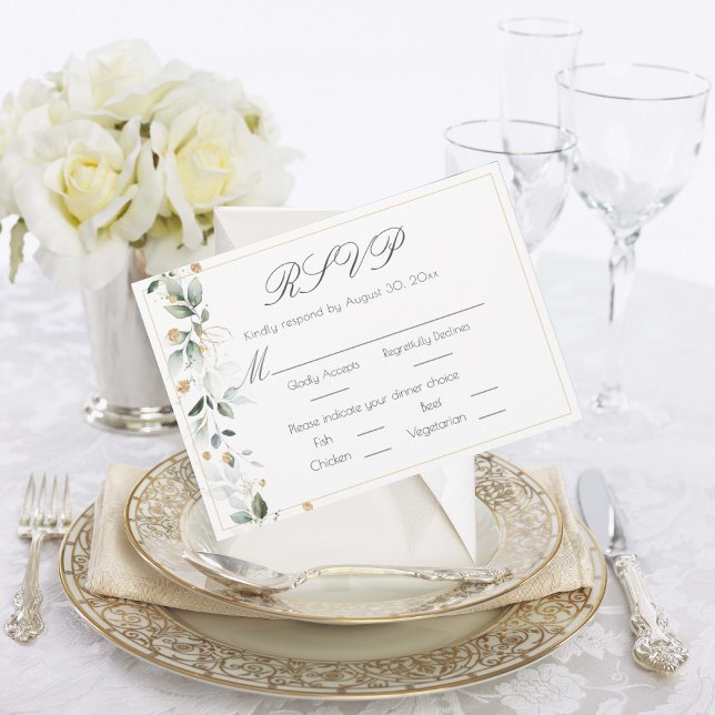 Cartão RSVP Casamento Dourado Floral Eucalyptus Greenery (Criador carregado)