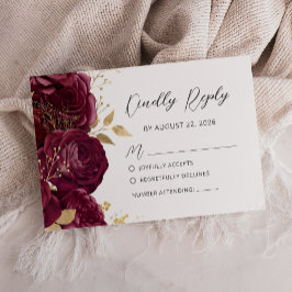 Cartão RSVP Casamento Dourado Floral Moderno Burgundy