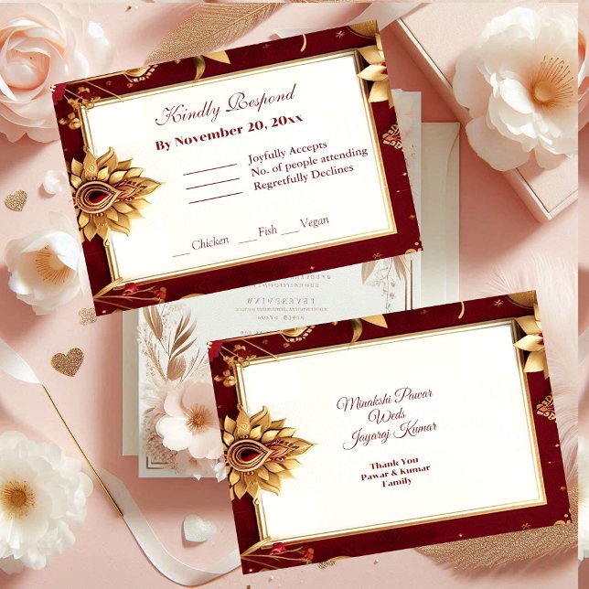 Cartão RSVP Casamento Dourado Floral Motif Assimétrico Grande  (Gold Floral Motif Asymmetric Grand Indian Wedding RSVP Card)