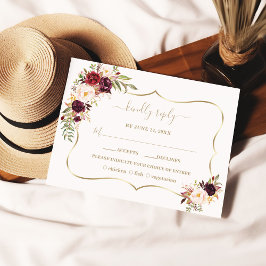 Cartão RSVP Casamento Dourado Floral Rosa-Rosa-Rosa-Burgundy