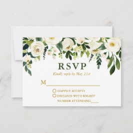 Cartão RSVP Casamento Dourado Floral Verde Moderno em Watercol