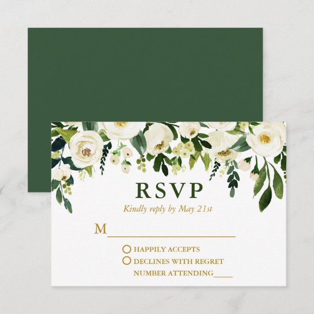Cartão RSVP Casamento Dourado Floral Verde Moderno em Watercol (Frente/Verso)