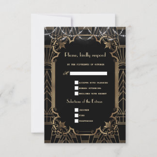 Cartão RSVP Casamento Dourado Grande Gatsby Preto Art Déco Ano