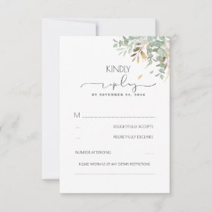 Cartão RSVP Casamento Dourado Greenery e Eucalyptus Foliage