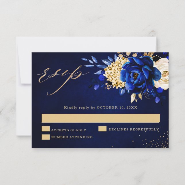 Cartão RSVP Casamento Dourado Metálico Real Azul Amarelo RSV (Frente)