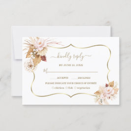 Cartão RSVP Casamento Dourado Pampas Rosas de Blush de Aquarel