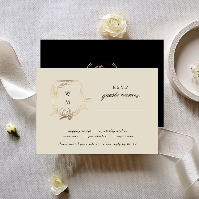 Cartão RSVP Casamento Dourado por creme e monograma preto (Criador carregado)