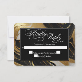 Cartão RSVP Casamento Dourado, Preto e Branco Marmoreado Elega