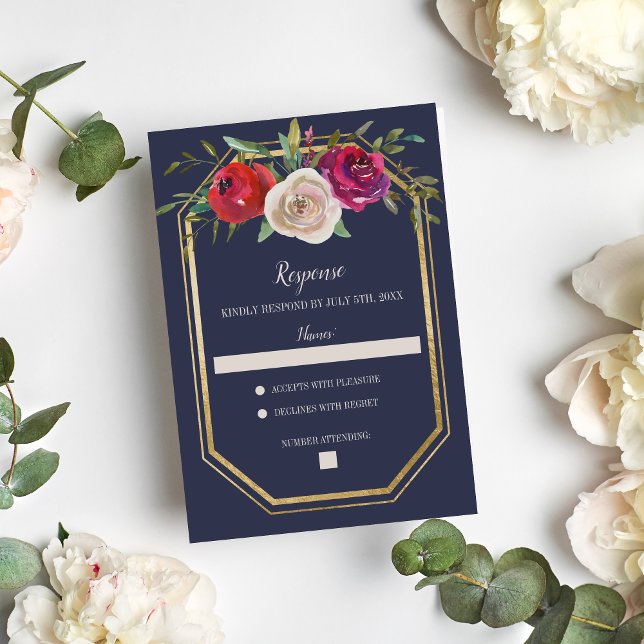 Cartão RSVP Casamento Dourado Radiante com Marinho Floral Azul (Criador carregado)