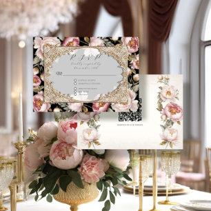 Cartão RSVP Casamento Dourado Rosa e Negro Elegante Peony Flor