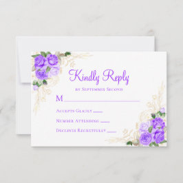 Cartão RSVP Casamento Dourado Roxo de Aquarela Floral