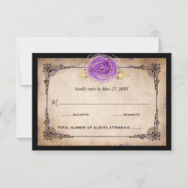 Cartão RSVP Casamento Dourado Roxo Elegante Rosa de Aquarela