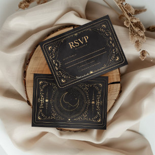 Cartão RSVP Casamento Dourado Tarot Celestial Preto e Faux