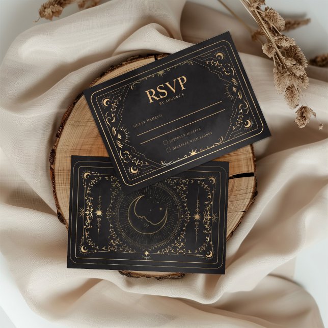 Cartão RSVP Casamento Dourado Tarot Celestial Preto e Faux (Criador carregado)