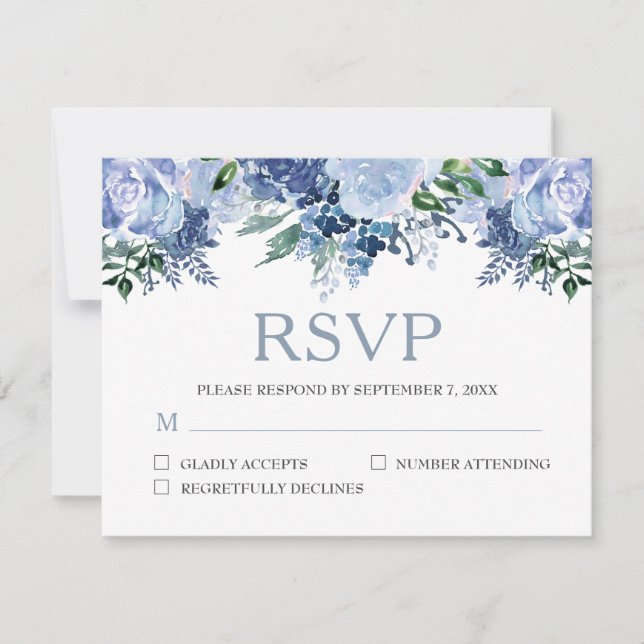 Cartão RSVP Casamento Dusty Blue Floral Watercolor (Frente)